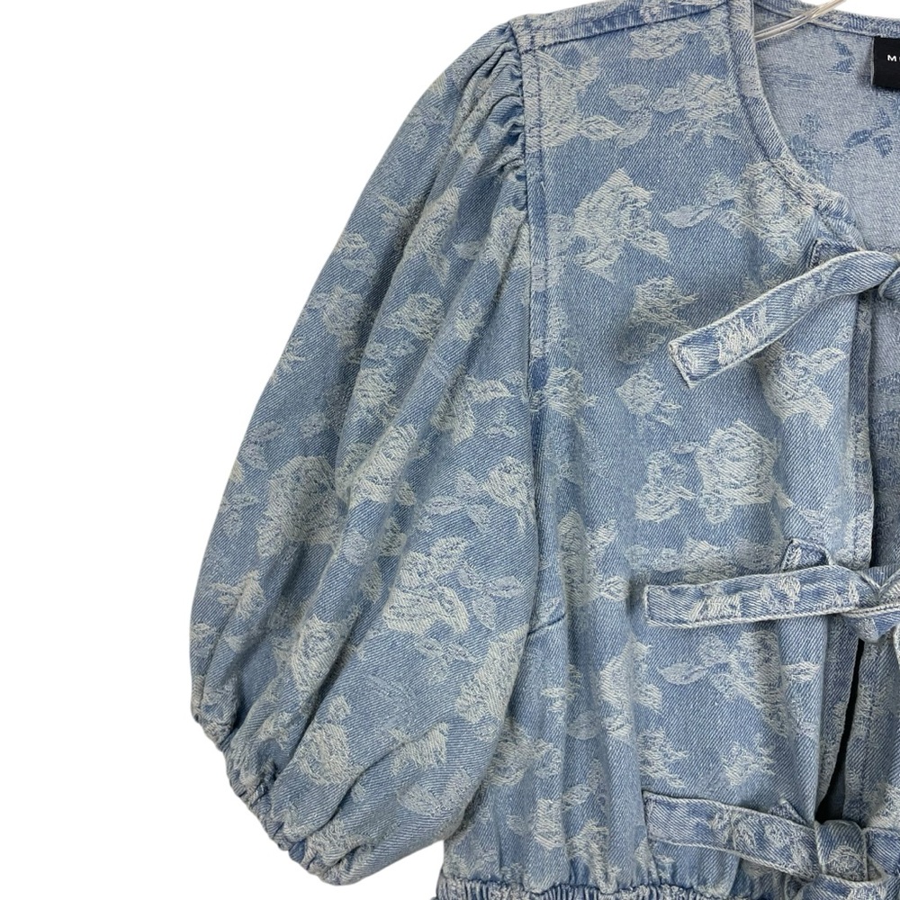 Miou Muse Denim + Roses Bow Front A-Line Mini Dress Puff Sleeves Blue Size S - Picture 5 of 13